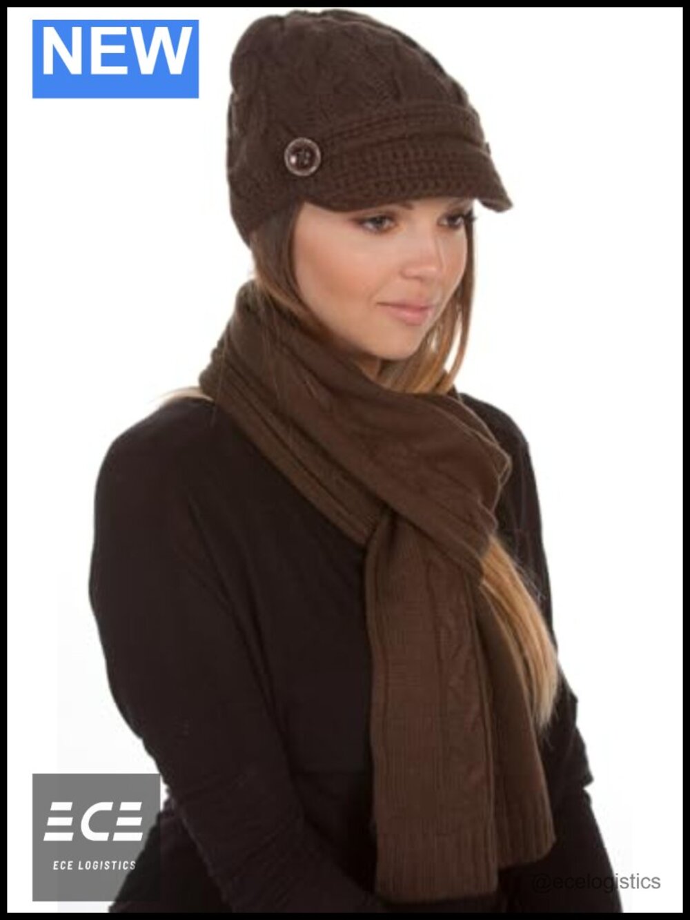 Cable Knit Visor Beanie & Scarf Set 2-Piece Acrylic Winter Hat